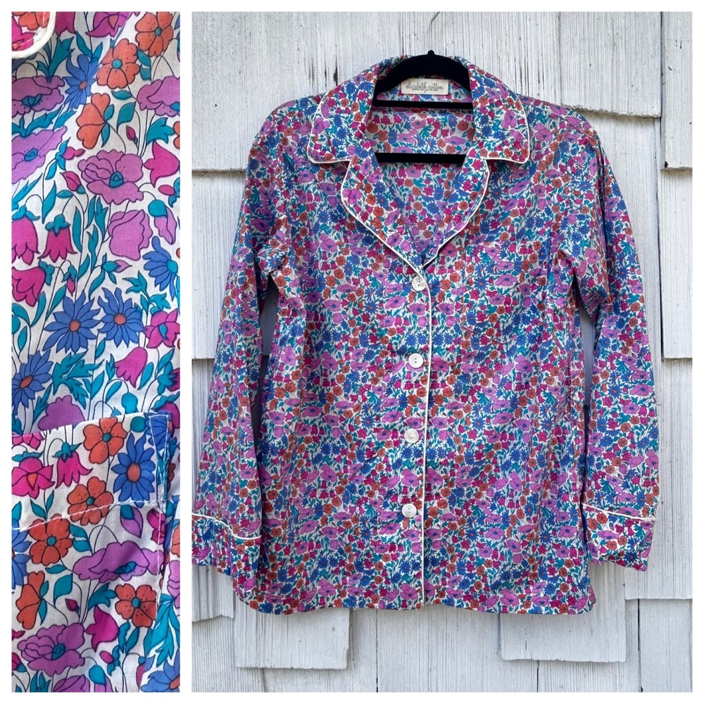 Elizabeth Cotton Floral Pajama Top Women's Size S Long Sleeve Button‎ Up